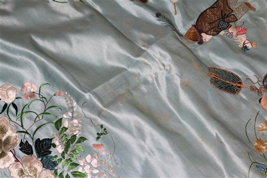 A Chinese silk panel, a Chinese table cloth and a silk panel